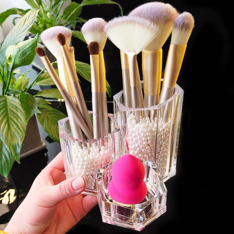 Organizador de cosméticos transparente, caja de almacenamiento de plástico acrílico para brochas de maquillaje, suministros de bolígrafos de joyería, almacenamiento de tarjetas de negocios