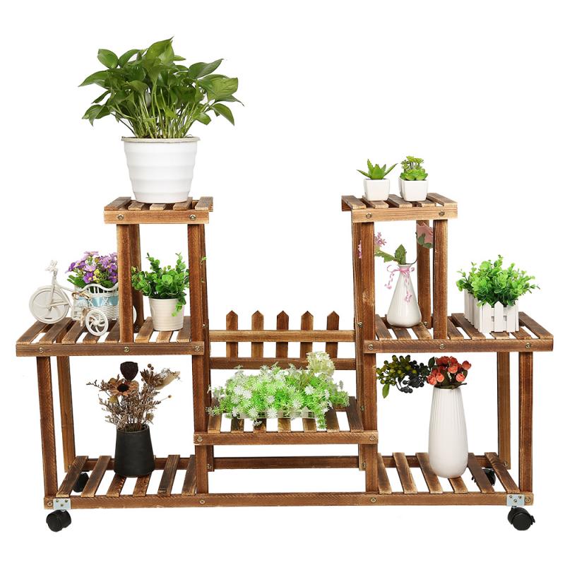 Soporte de plantas y flores de varios niveles, estante de madera, estante de exhibición de bonsái de jardín con cuatro ruedas universales, HWC