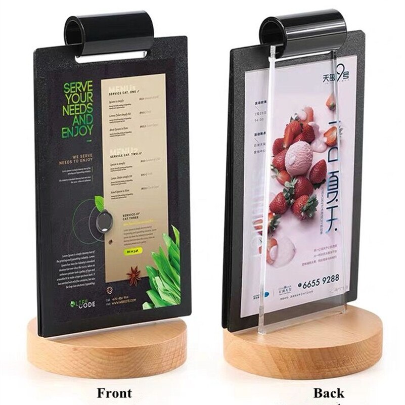 Double-sided Acrylic Wood Base Table Card Menu Sign Holder Desktop Leaflet Display Holders Stand Price Label Board Billboard