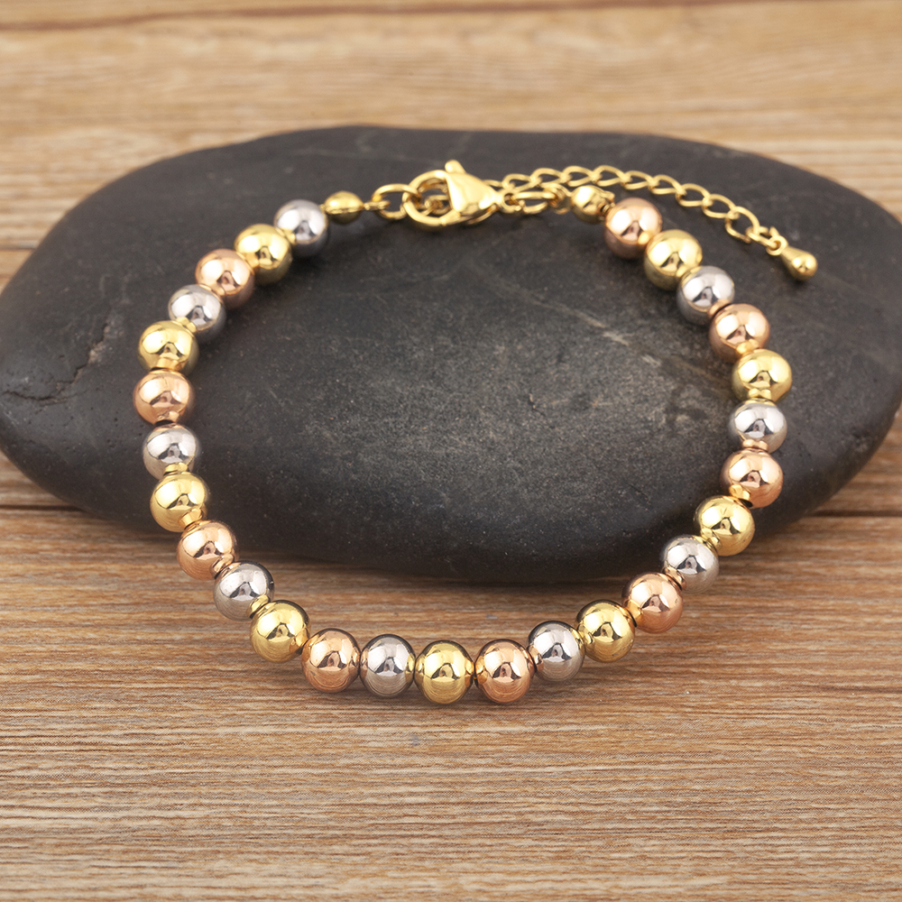 AIBEF-pulsera clásica Simple de cuentas redondas de cobre para mujer, brazalete ajustable de Color dorado/plateado/rosa, accesorios de joyería, de cumpleaños
