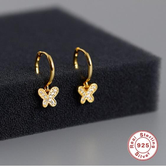 real 925 sterling silver Crystal Heart Hoop Earrings For Women Gold Fish butterfly Cartilage Earrings Charm Jewelry A30: 7