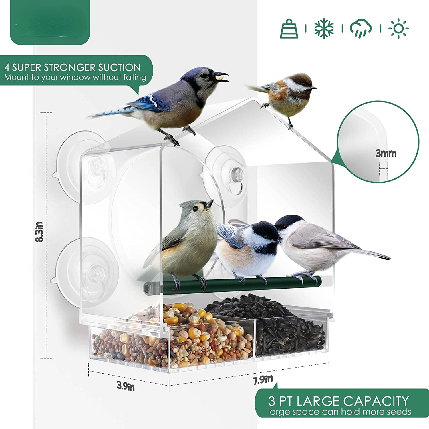 Clear Window Bird Feeder Weatherproof Bird House Bird Feeders with Strong Suction Cups for Cardinal Finches Chickadees Parrot