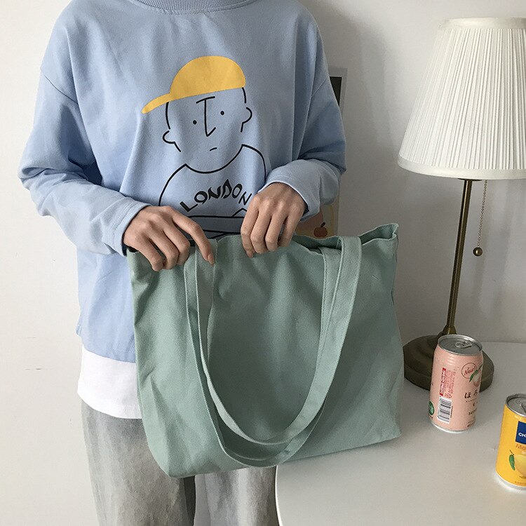 Saco de compras de lona de grande capacidade casual all-match bolsa de ombro feminina de cor sólida sacola de estilo universitário saco de escola aberto: Mint Green