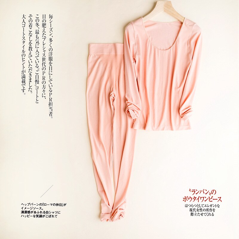 Termoundertøj til kvinder sæt fløjl varmt jakkesæt vinter kvinde tøj lange underbukser o-hals top elastiske underbukser: Lyserød