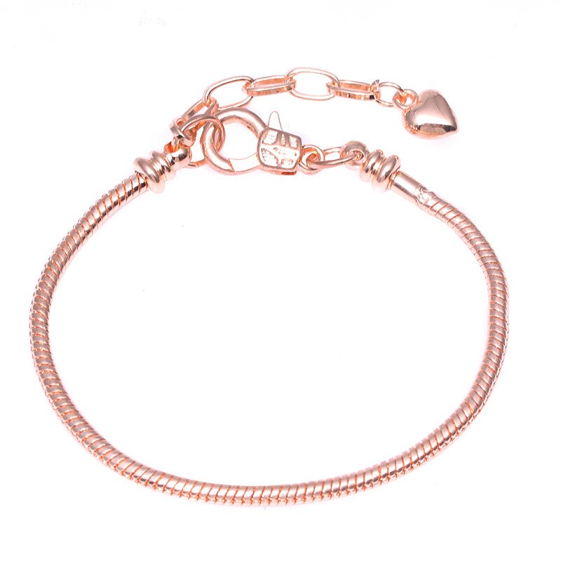 Original 925 Sterling Silver Snake Chain Bracelet Heart Fit Beads Charms Bracelets For Women Statement DIY Jewelry: 23cm / Rose Gold Color