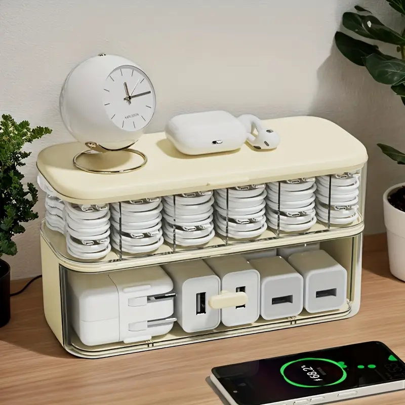 1 large capacity data cable storage box, mobile phone charger sorting box, drawer storage, saving space: light yellow