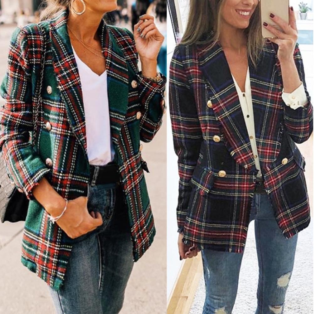 Señora de la Oficina de doble lado Cardigan lana cuadros Blazer cruzado chaqueta Otoño Invierno mujer Chaquetas TELA ESCOCESA chaquetas prendas de vestir exteriores