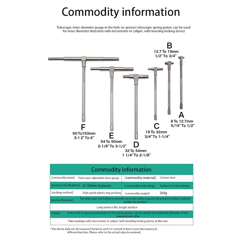 Telescoping Gauge Set 8-150mm (5/16"-6") Hole Gauge Internal Gauge Micrometer For Quick Inside Measuring Tools 6pcs/set