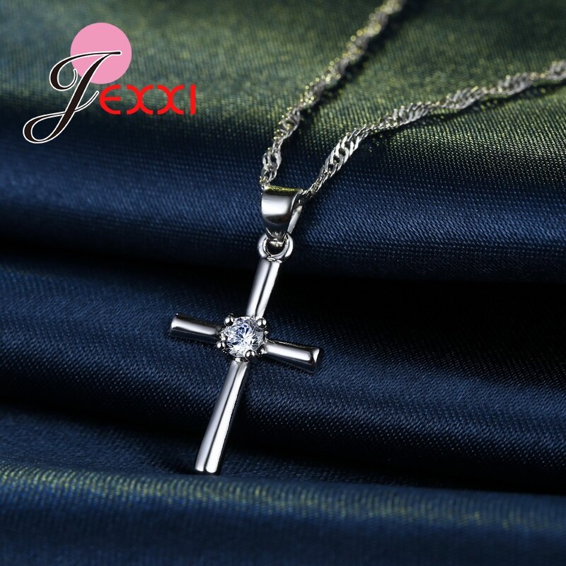 Classice Cross Shape Crystal 925 Sterling Silver Necklace Earrings Pendants Jewelry Set For Women