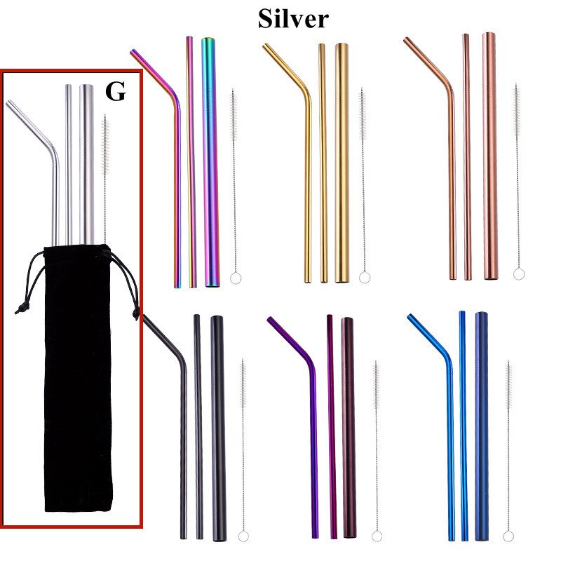 4pcs Stainless Steel Straws Eco-friendly Straw Reusable Drinking Straws with Clean Brush Coffee Milk Tea Straw Bar Home Tools: Silver G