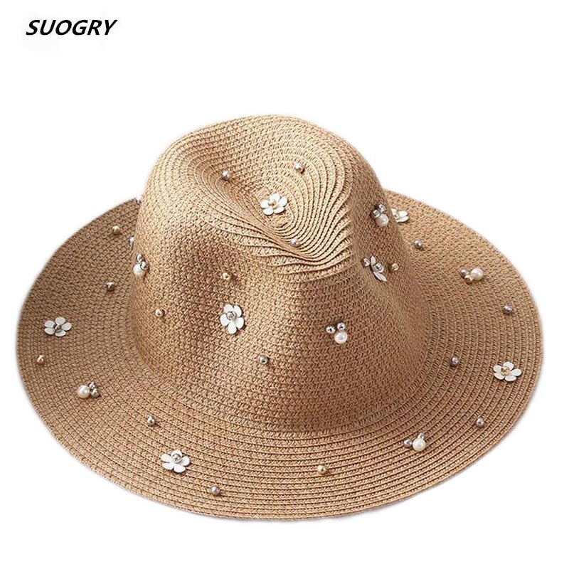 2018 Nuove Donne di Estate All'aperto Cappelli da Sole Solido Grande di Paglia Tesa Traspirante Cappello di Snapback Regolabile Della Perla di Modo Tappo Superiore Per della signora