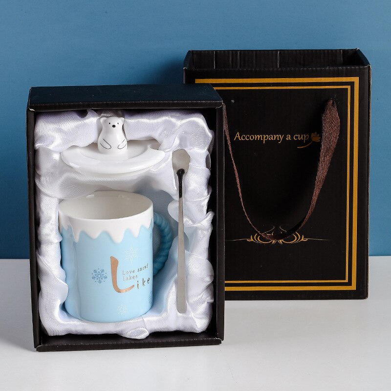 Leuke Ijsbeer Keramische Mok Met Deksel Lepel Koffie Cups Drinkware Koffie Thee Kopjes Student Melk Cup: D with gift box