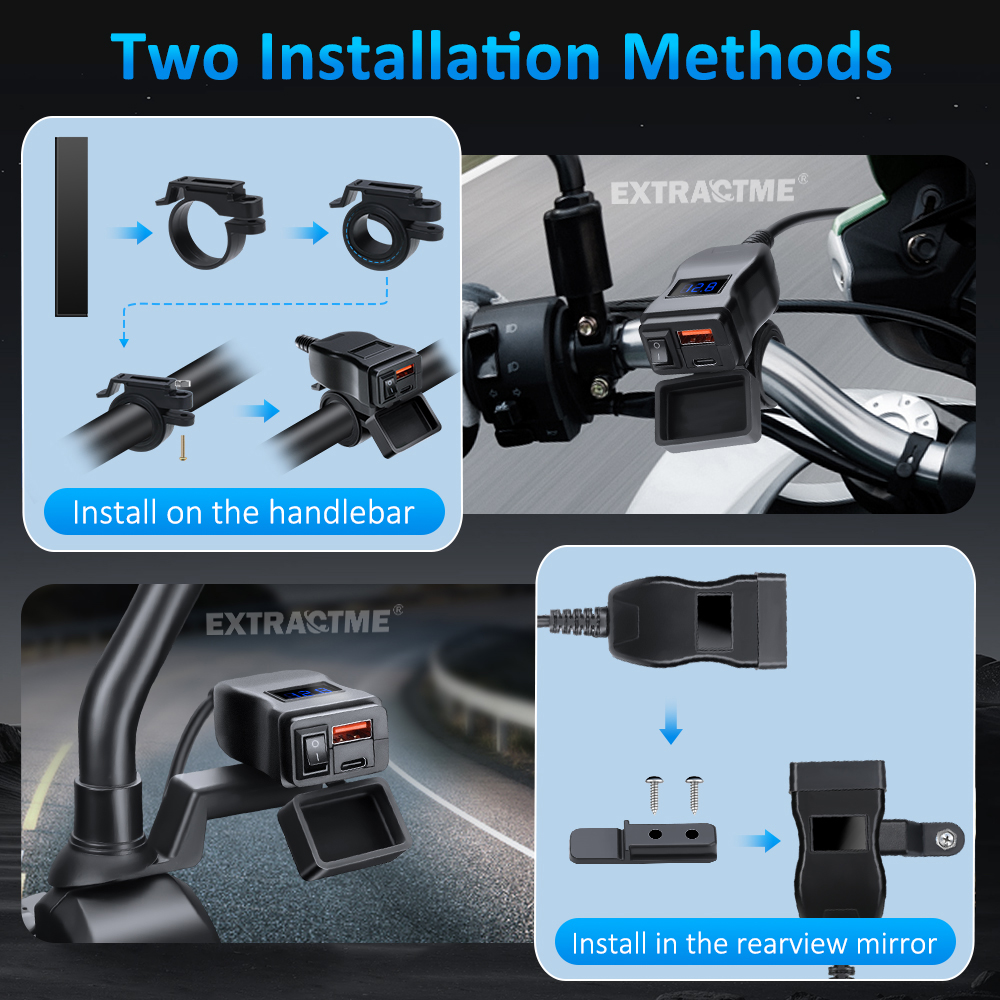 Extractme-cargador celular rápido Usb para motocicleta, conector de enchufe de puerto tipo C resistente al agua con voltímetro móvil, carga Digital