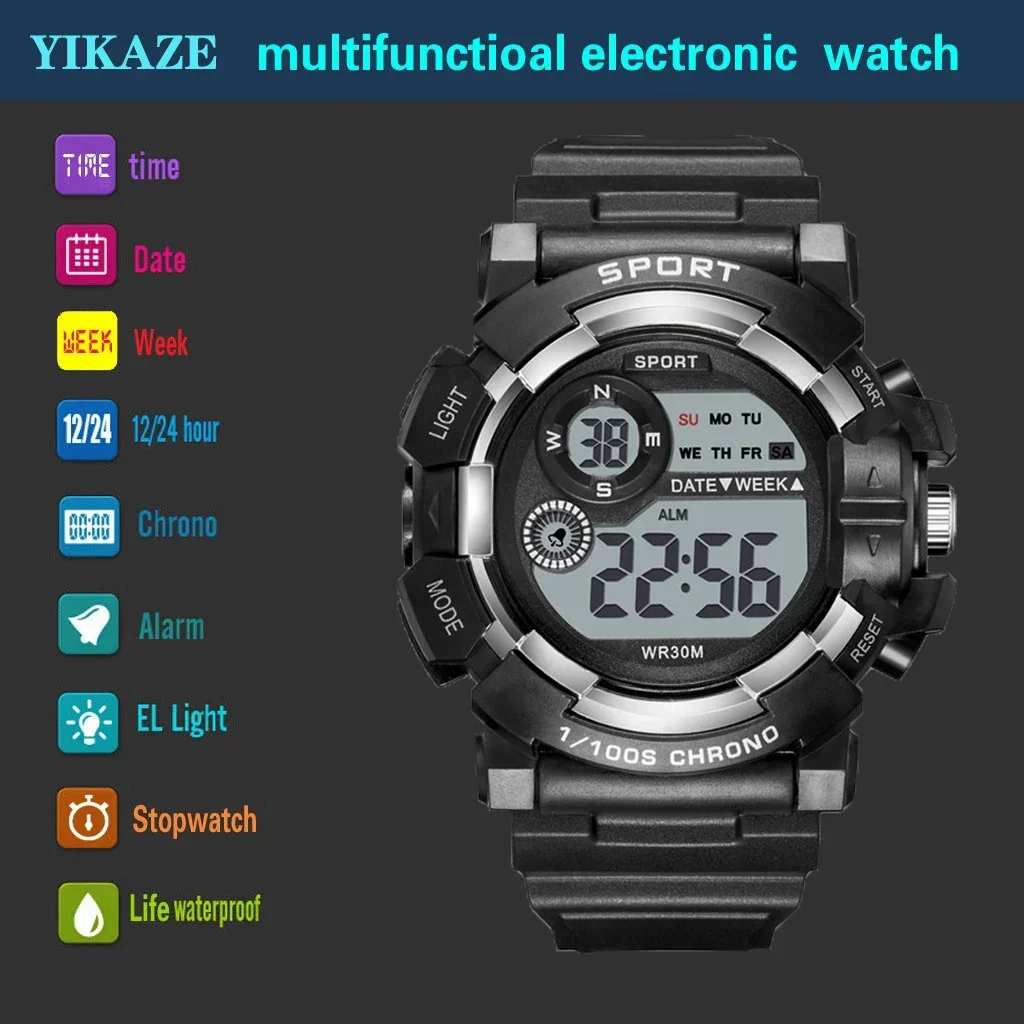 YIKAZE Sports Watches Men Women Digital Watch Waterproof Luminous Alarm Clock Electronic Wristwatch for Kids Children