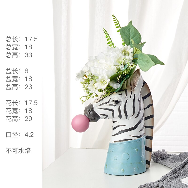 Resin Cartoon Animal Head Vase Flower Pot Bubble Gum Zebra Giraffe Panda Deer Bunny Bear Animal Crafts Decoration