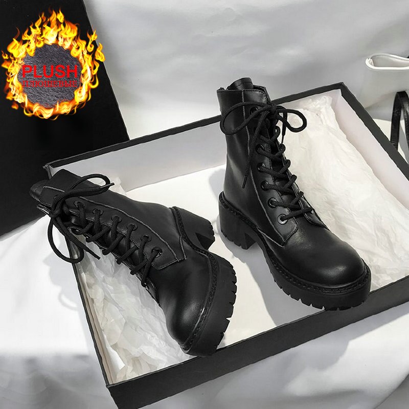 Europese stijl zwarte enkellaarsjes flats ronde neus zwarte laarzen met rits aan de achterkant dames platform pu leren schoenen botas de mu: Zwarte pluche / 39