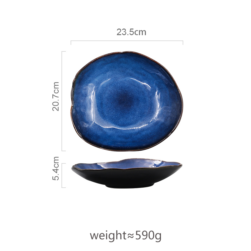 Ceramic Plate Irregular Dish Tableware Series Western Food Plate European Blue Color Glaze Salad Bowl Main Dish Kitchen Supplies: 23.5 cm