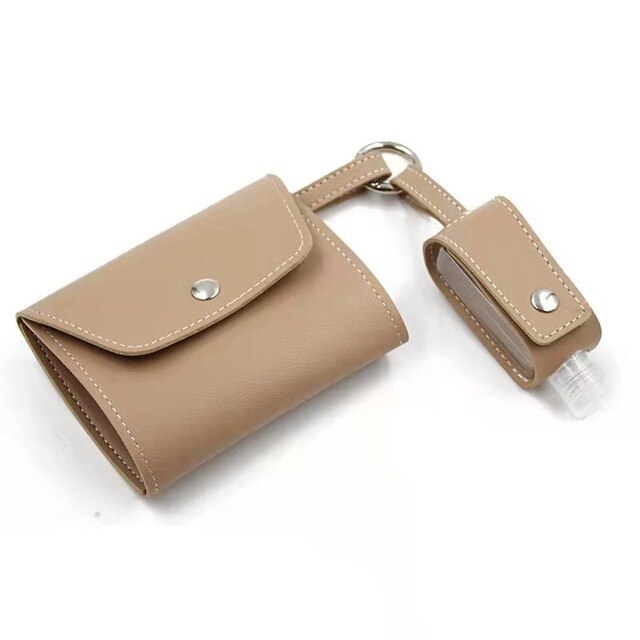 Wallet Mask storage folder Foldable mask temporary storage folder Key hanging buckle wallet Hand sanitizer leather cover set: Khaki