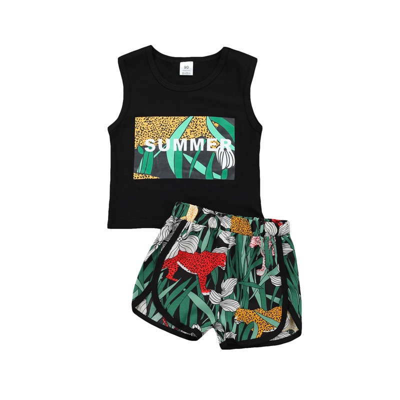 1-6 Years Infant Boys Casual Two-Piece Clothes Set Black Sleeveless Tops And Elastic Waist Shorts Toddler Boys Summer Set
