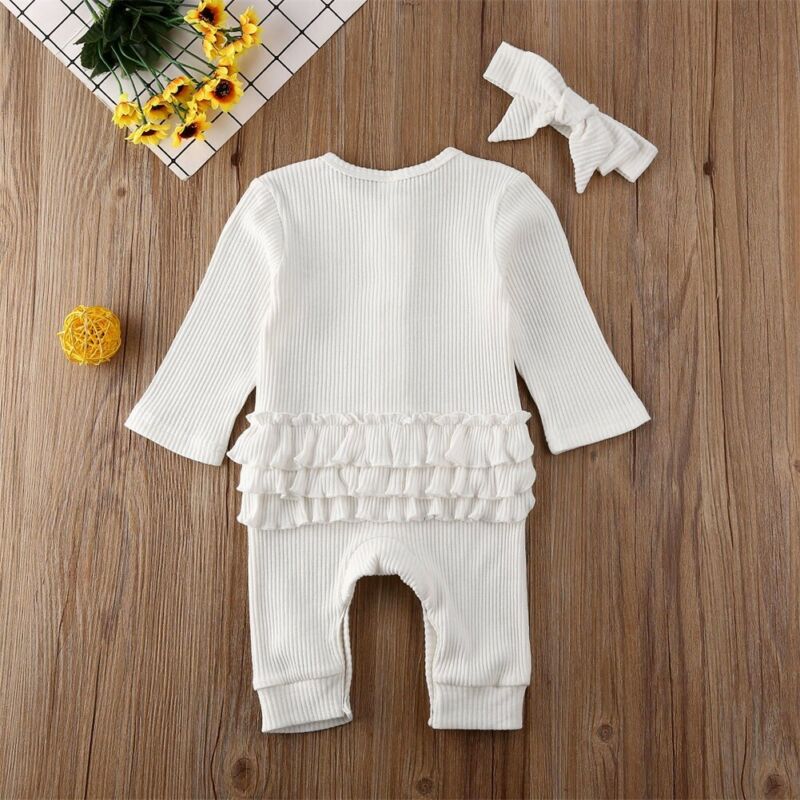 Newborn Baby Boy Girl Rompers Headband 2pcs Outfit Knitted Solid Kong Sleeve Ruffle Romper Jumpsuit Clothes