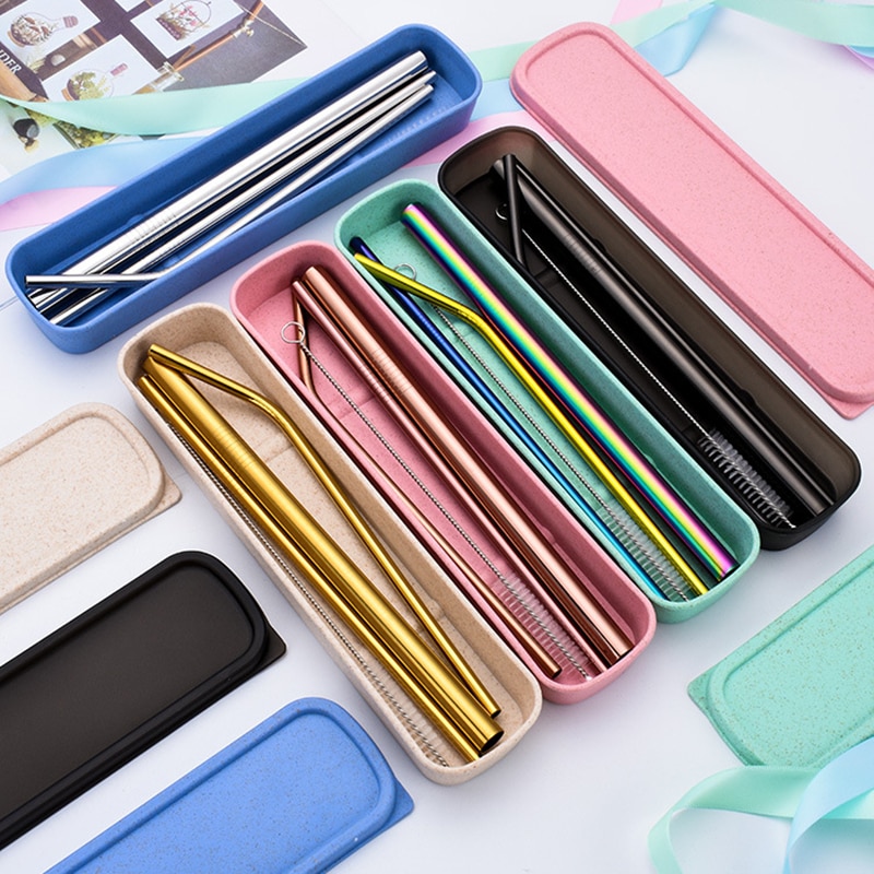 Pajitas de bebida de Metal reutilizables 304 Acero inoxidable robusto doblado recto bebidas paja con cepillo de limpieza Bar accesorio de