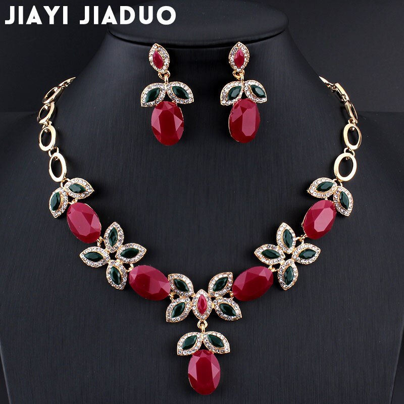 Jiayijiaduo Wedding Party Sieraden Sets Retro voor Indiase Vrouwen Charm Trouwjurk Goud-kleur Ketting Set Oorbellen Sets