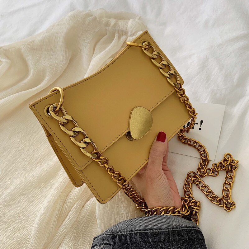 Female Flap Square Bag Leather Women's Handbag Lock Chain Shoulder Messenger Bag Bolsos Mujer: Yellow big