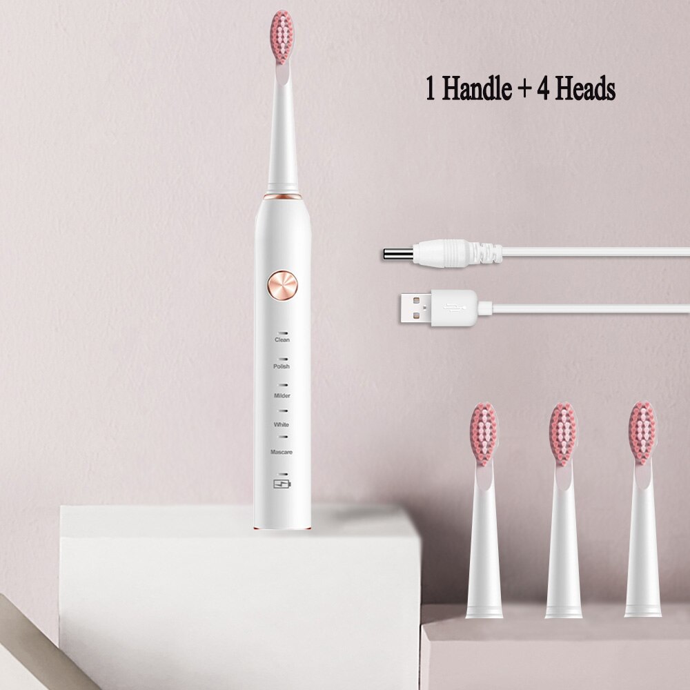 Sonic Electric Toothbrush USB Rechargeable 5 Modes Ultrasonic Automatic Brush Timer Waterproof Dental Brush Teeth Whitening: White 4 heads