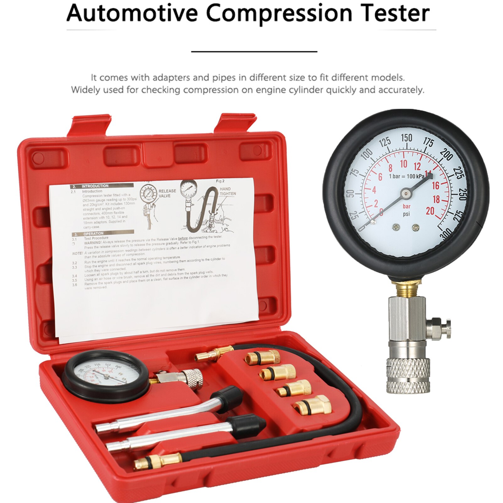 8 PCS Gasoline Engine Compression Tester Cylinder 0-300 PSI Automobile Pressure Gauge Kit with M10 M12 M14 M18 Adapter