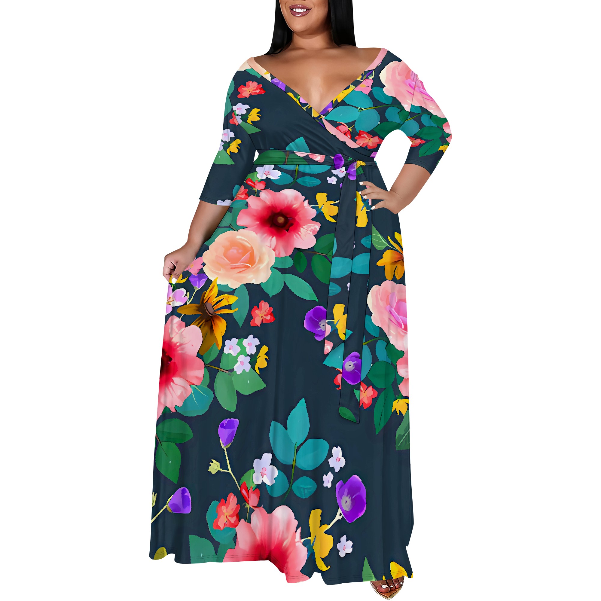 Plus size vit blommig maxiklänning röd pionmönstrad v-ringad omlottklänning fest semesterstil: 4xl / Himmelsblå