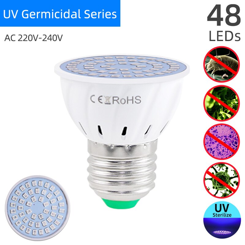 =(K)= Lamp UVC UV Germicidal Bulb E27 LED Corn Lights Sterilizer Lamp Ozone Light Bulb Indoor Disinfect Light E27 Ultraviolet: UV Series 48LEDs
