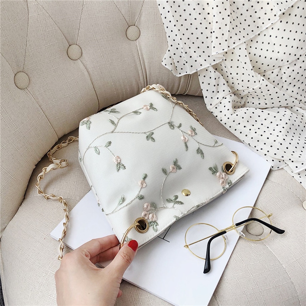 Women's Messenger Bags Handbag Women Beach Lace Embroid Bucket Bag Leather Clutch Square Crossbody Bag Lady Shoulder Bag Purse