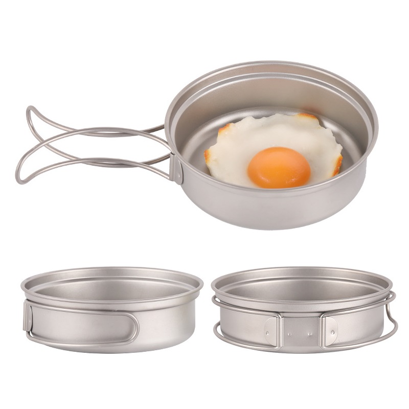 Camping Titanium Fry Pot 350ml 500ml Ultralight Cooking Pan Small Folding Handle