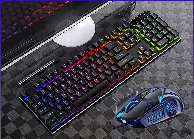 Teclado retroiluminado con cable para juegos, juegos de ratón con cable USB, 104 teclas, RGB mezclado, 3200DPI, para Noteboo: Black Keyboard Mouse