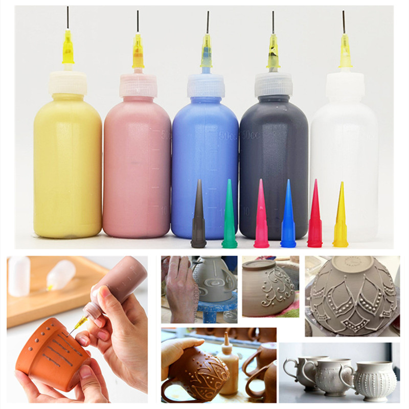 Botella de pintura de barro de cerámica de 50ml, botella de barro exprimible, multiaguja, textura DIY, esmalte para colorear de cerámica, herramienta de escultura de arcilla pintada