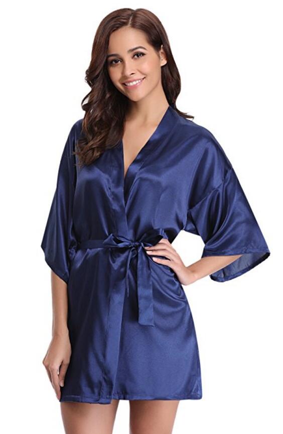 RB032 2018 nowy jedwabny szlafrok Kimono szlafrok kobiety jedwabne szaty dla druhny seksowne granatowe szaty satynowy szlafrok damskie szlafroki: S / Black