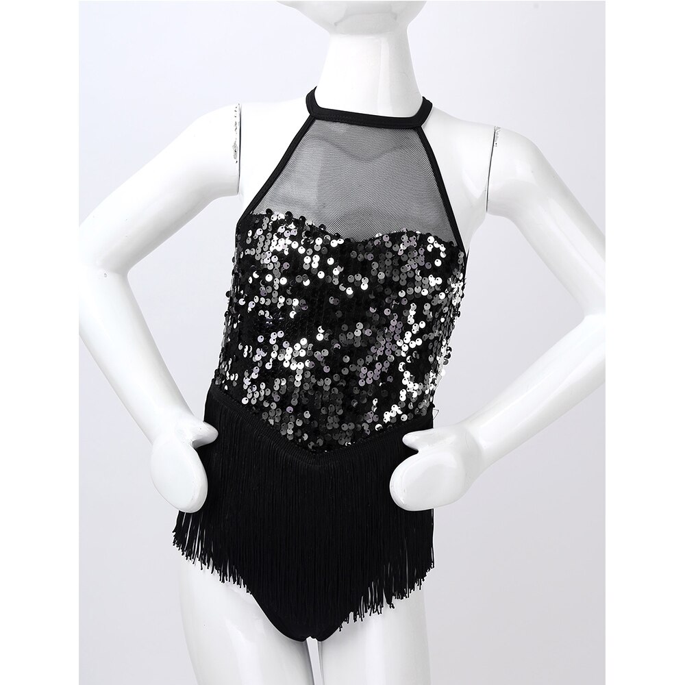 Enfants Paillettes Frange Sans Manches Justaucorps De Gymnastique pour Filles Ballet Rumba Salsa Jazz Danse Latine Robe Scène Performance Costume