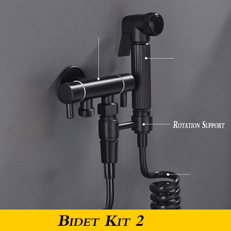 Zwart Messing Badkamer Bidet Kraan Hoge Druk Bidet Spuit Wc Kraan Dual Outlet Dual Handvat Wc Wasmachine Met Haak Tap: full set 2