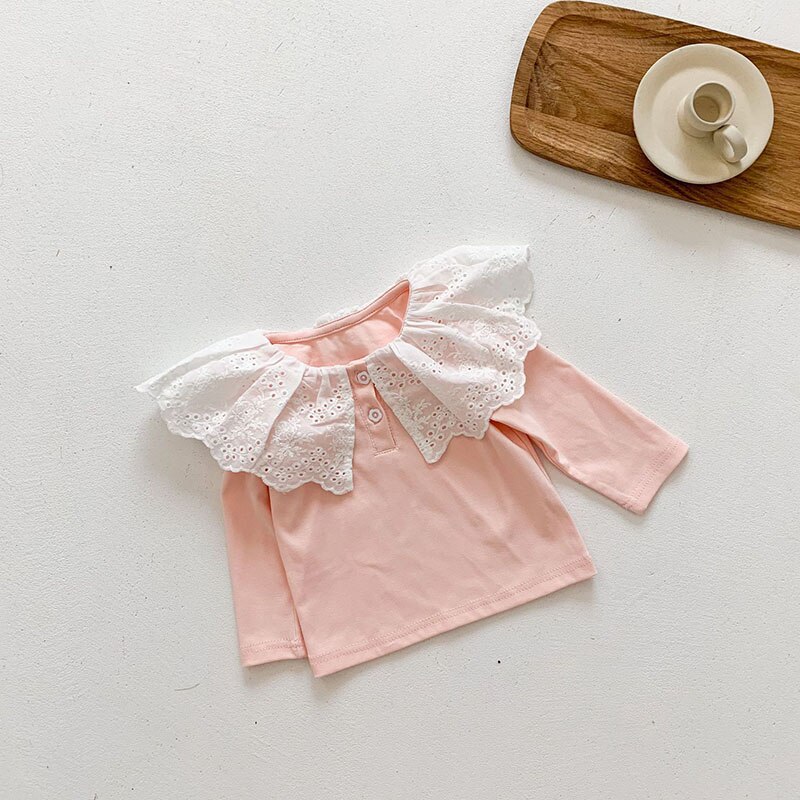 MILANCEL printemps bébé vêtements col rond décontracté solide dentelle filles Blouse: pink / 24M