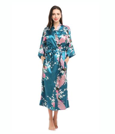 Peignoir kimono en satin pour femmes, vêtements de nuit longs, en élasthanne, motif imprimé paon floral, pour fête, mariage, demoiselle d'honneur