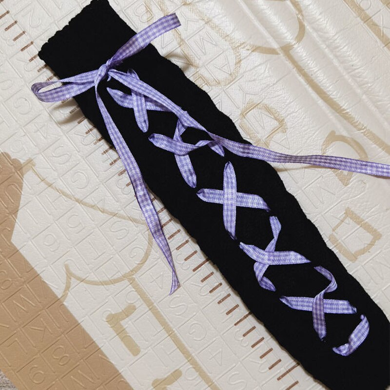 Calentador de piernas para niña, calcetín de calle Hipster a rayas con cordón, lazo Jk, para otoño e invierno,: black(purple ribbon)