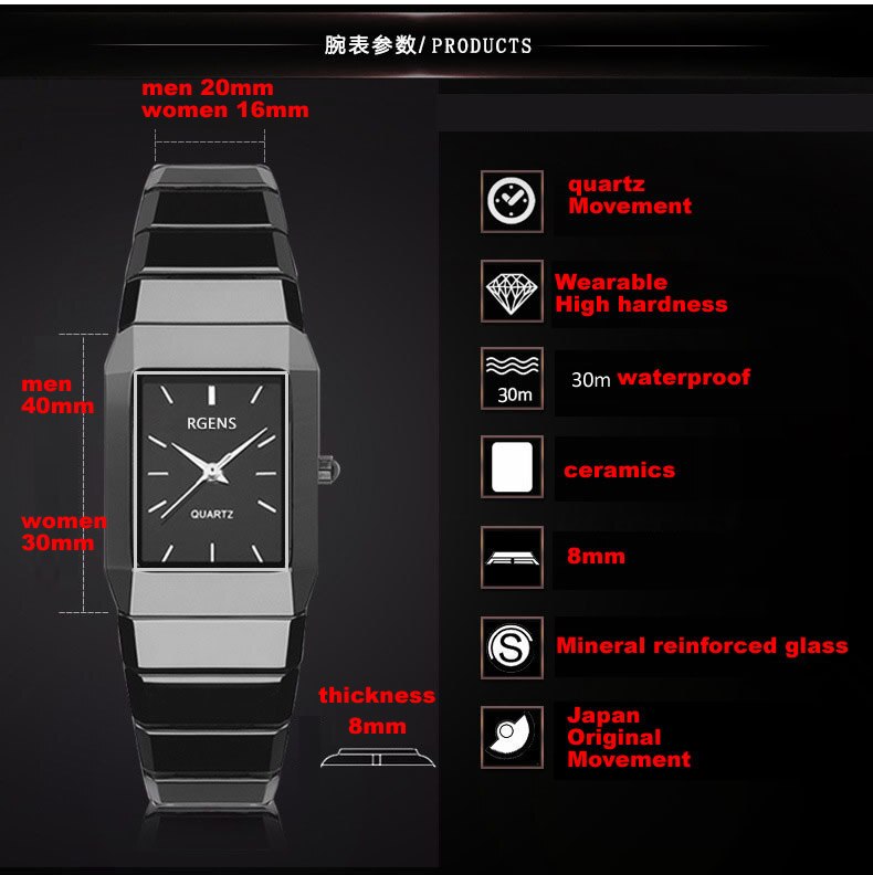 Geschäft herren frauen uhren 100% Keramik schwarz weiß quarz frau mann armbanduhren quadratische wasserdichte uhren Japanische bewegung