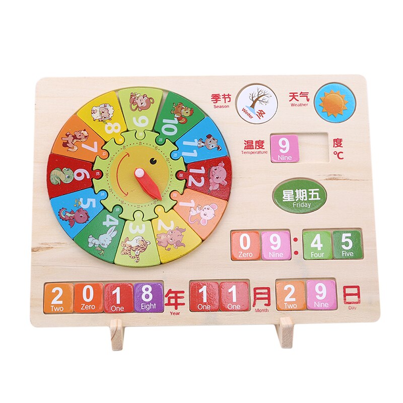 Digital Clock Educational Wooden Toys Baby Kids Cognition 12 Numbers Geometry Wood Puzzle Animal Learn Know Time Calendar ClocK