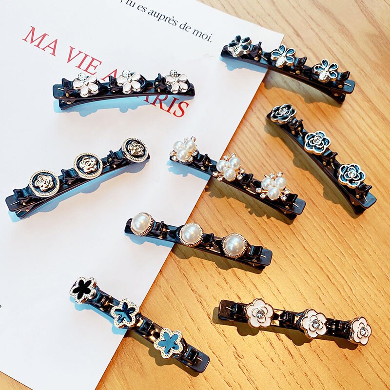 Horquillas trenzadas con perlas y flores para mujer, pinzas decorativas para el cabello, pasadores de sujeción, diadema, accesorios para el cabello