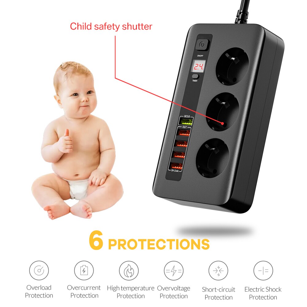 2500W Timer Smart Electrical Socket Power Strip Extension Cable With Switch Home Office Surge Protector 3 AC Outlet with 5 USB