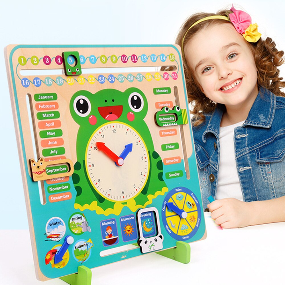 Wooden Cartoon Frog Calendar Clock Set Children Weather Time Cognitive Matching Toys Kids Early Learning Education Toys