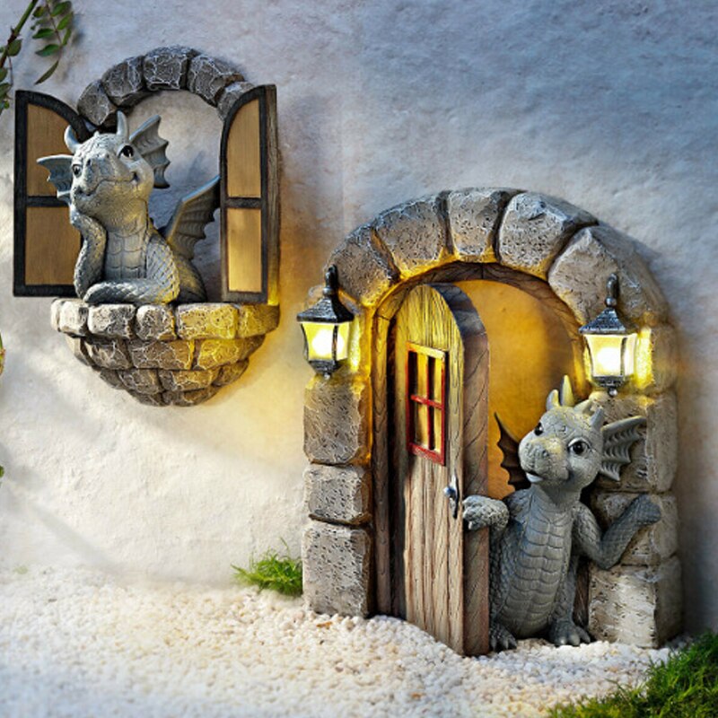 groß Hocken Drachen Skulptur Wasser sprühen Öffnen sterben Tür Fenster Figur Drache Statue Harz Handwerk Harz Ornamente Ich bin Freien Dekor