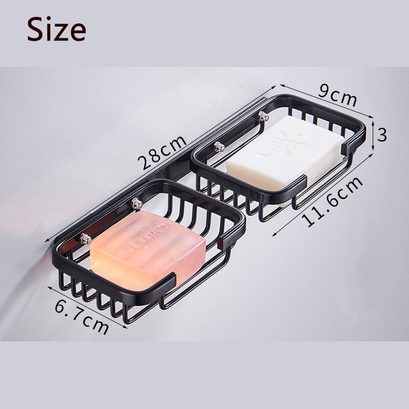 Shower Wall Soap Dish Holder, Wall Mounted Draining Soap Saver for Bathroom Tile - Rectangle Bar Soapdish with Perforation: Double row-Black