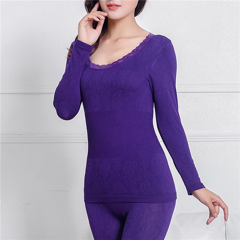 Femmes Sous-Vêtement Thermique Ensemble Dames Automne Hiver Vêtements Sans Couture À Manches Longues O COU Top Longue Confortable Femmes Sous-Vêtements Ensemble: purple