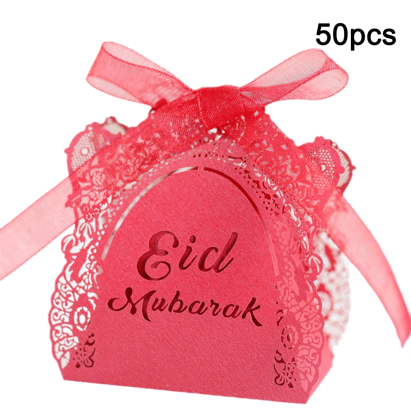 50pcs Eid Mubarak Candy Box Ramadan Decoration Hollow Wedding Party Favor Chocolate Boxes with Ribbons: R-1